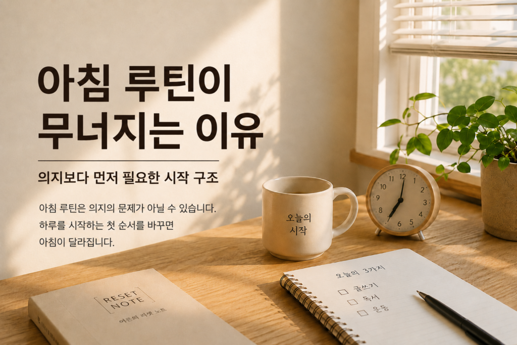 아침 햇살이 들어오는 책상 위 노트와 머그컵