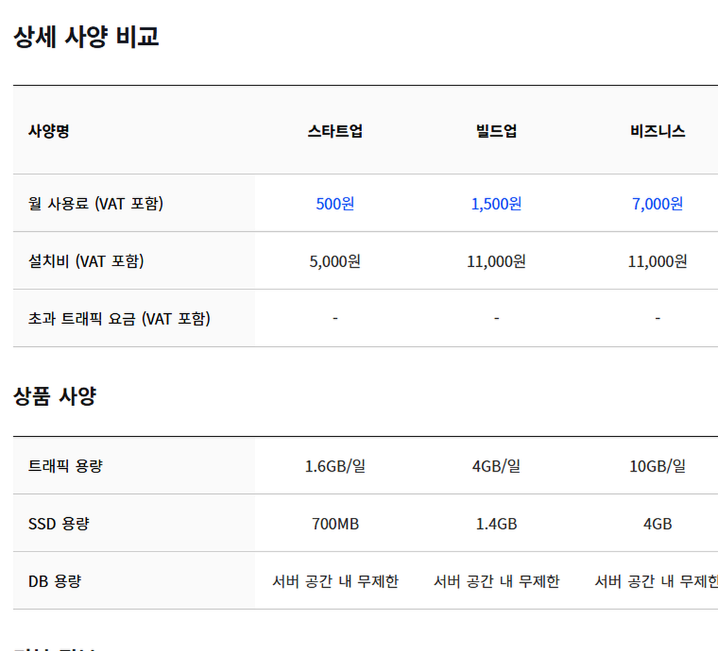 워드프레스 저비용 호스팅 요금 비교 화면