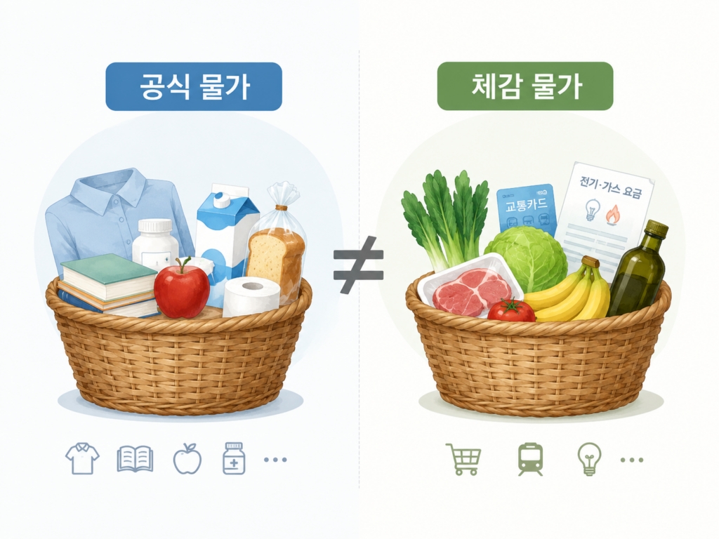 공식 물가의 평균 장바구니와 개인의 체감물가 장바구니 비교